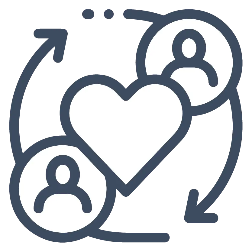 servicio-al-cliente-icono-corazón rodeado de dos personas Filosofía- servicio al cliente icono color azul - corazón rodeado de dos personas